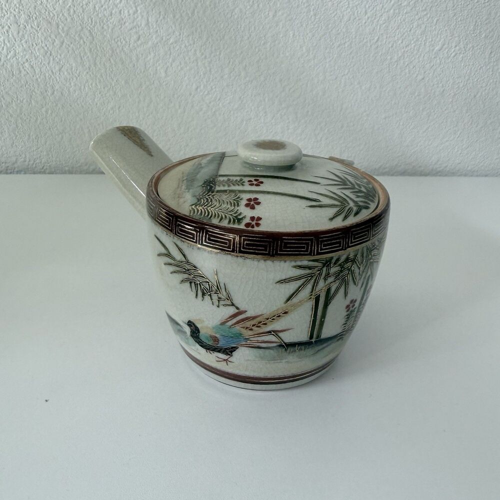Vintage Kutani Japanese Kyusu Teapot Pheasant Bamboo Gold Gilt Hand Painted 5"